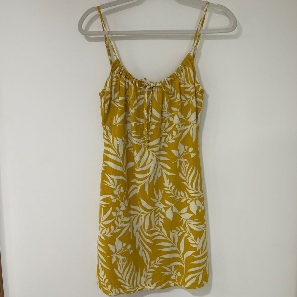 Bebop Tropical Leaf Print Mini Dress Women 5 Yellow Linen Blend | Coastal Boho